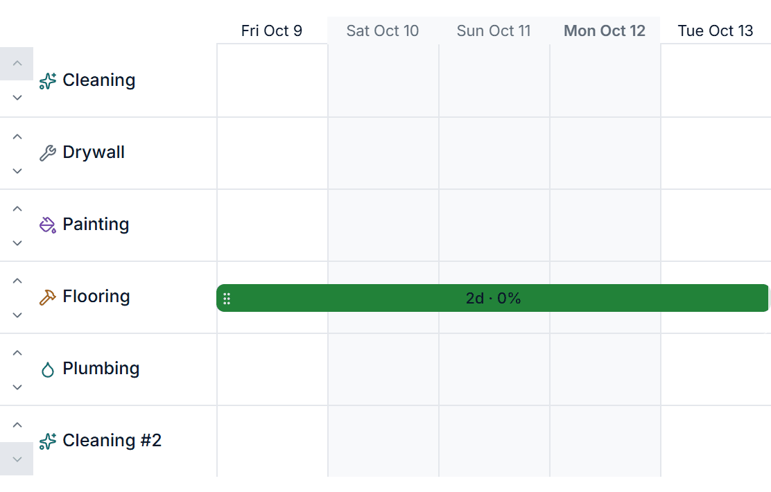 Property Stride's project schedule on a phone: the Gantt chart scrolled to the week of October 9, with the weekend and the October 12 holiday shaded and the flooring visit running across them.