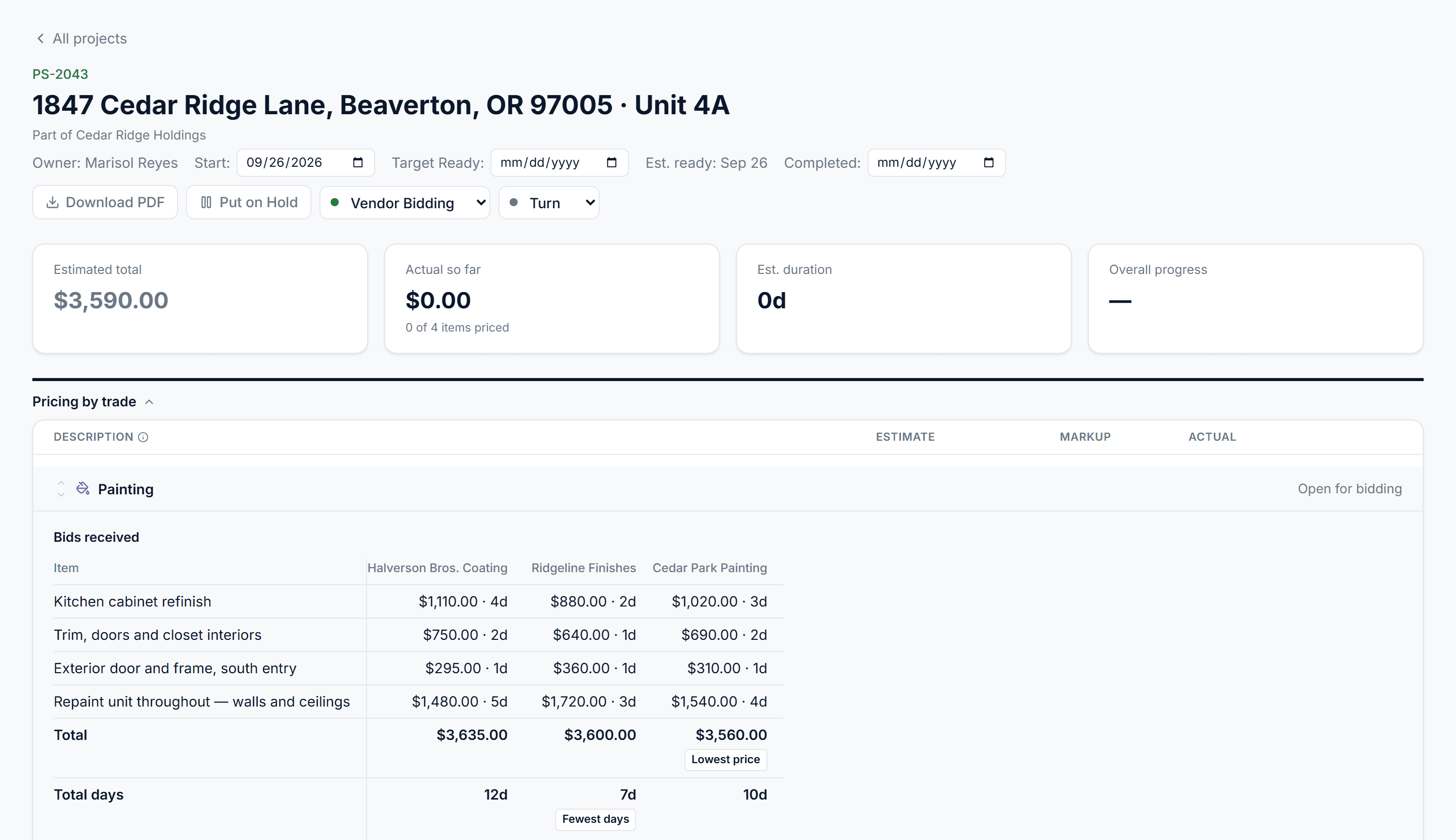 Property Stride's bid comparison: three painting vendors quoted against the same four line items, with per-item prices and durations, totals, and badges marking the lowest price and the fewest days.