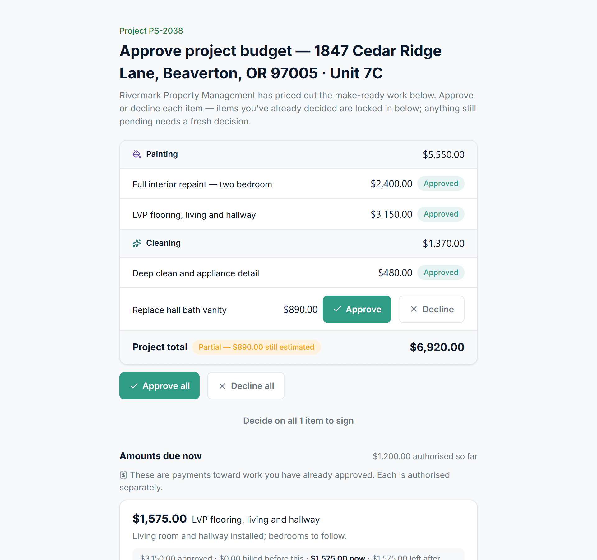 Property Stride's owner approval page: line items grouped by trade with approved badges, one item awaiting a decision, a project total, and a progress bill showing approved, billed, this bill and remaining.